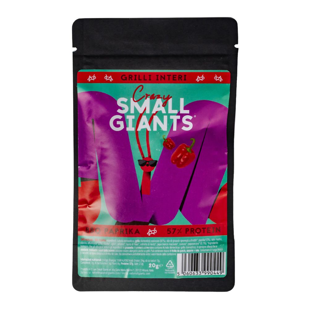 Confezione da 30, grilli essiccati aromatizzati alla paprika da 20g Small Giants.