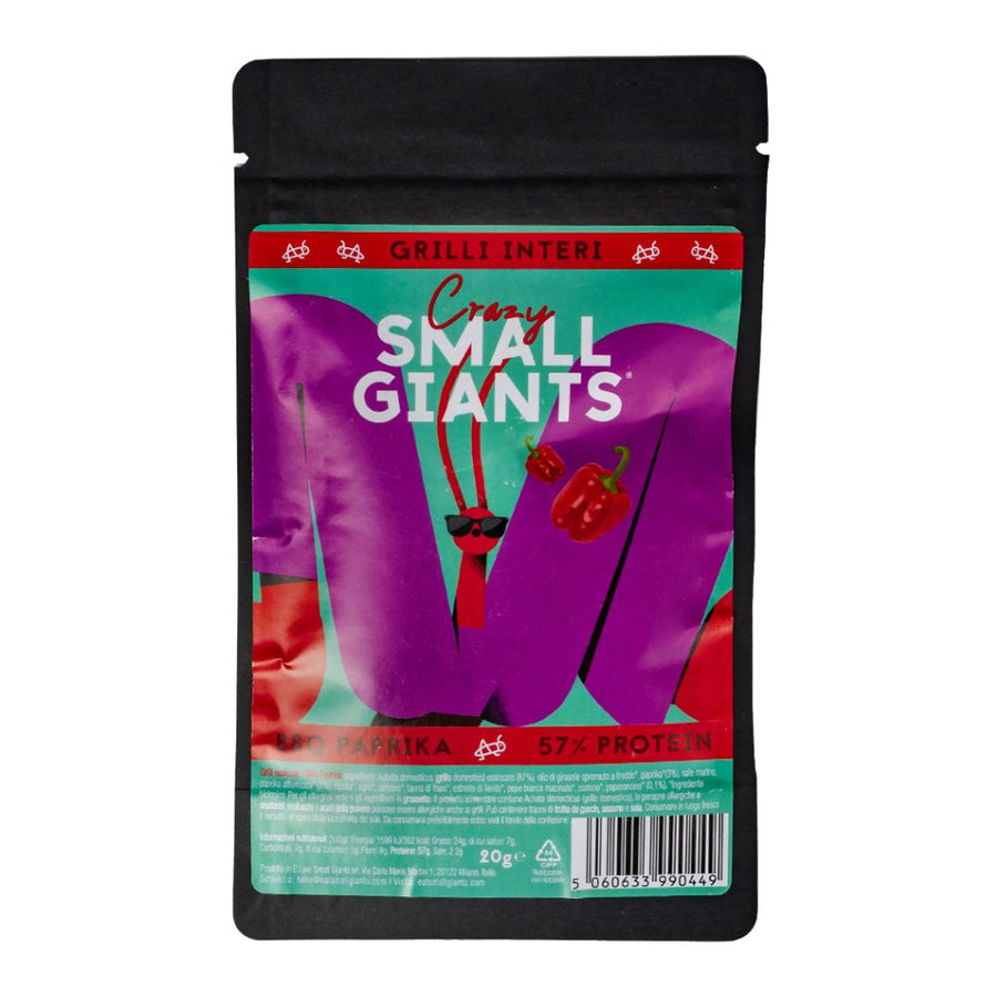 Confezione da 30, grilli essiccati aromatizzati alla paprika da 20g Small Giants.