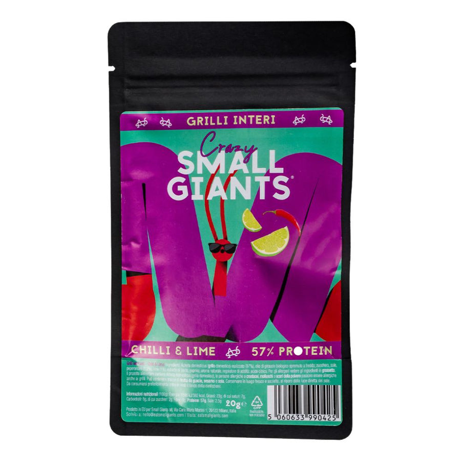 Confezione da 30, grilli essiccati aromatizzati al chilli e lime da 20g Small Giants.