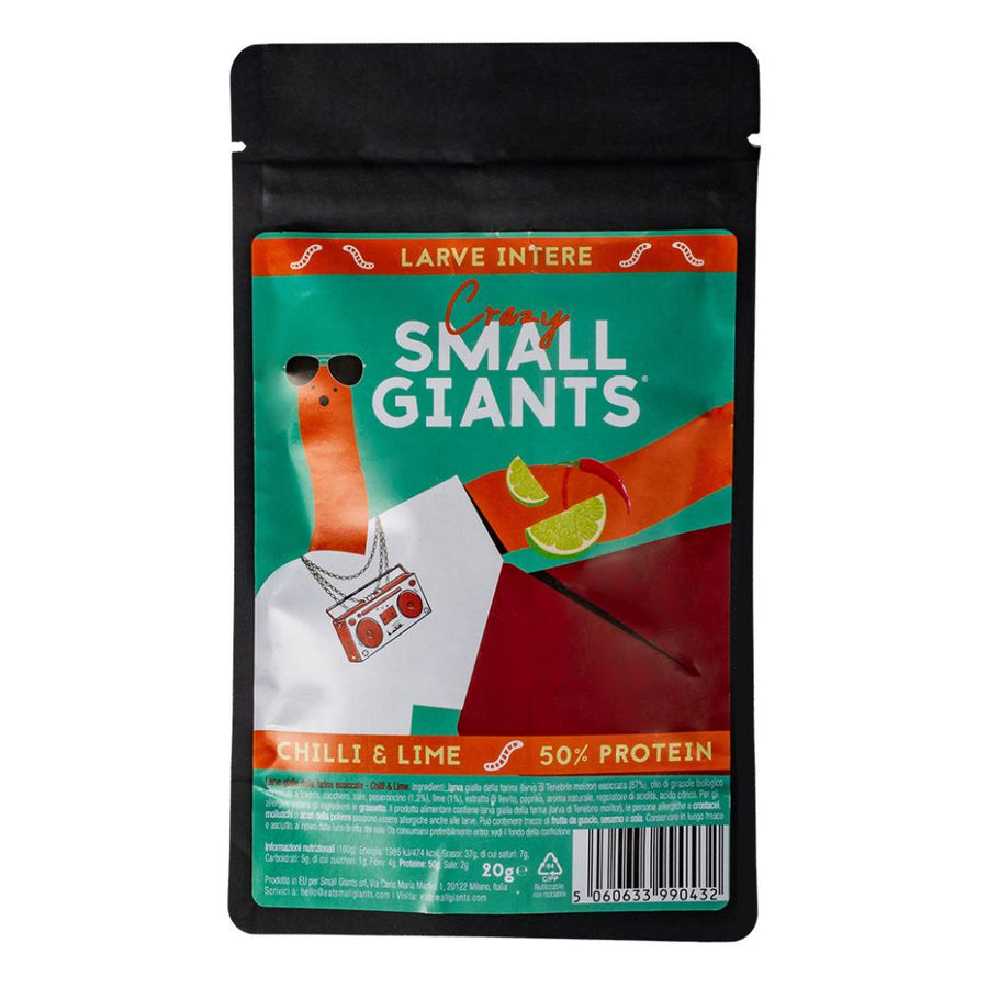 Confezione da 30, larve gialle della farina essiccate aromatizzate al chilli e lime da 20g Small Giants.