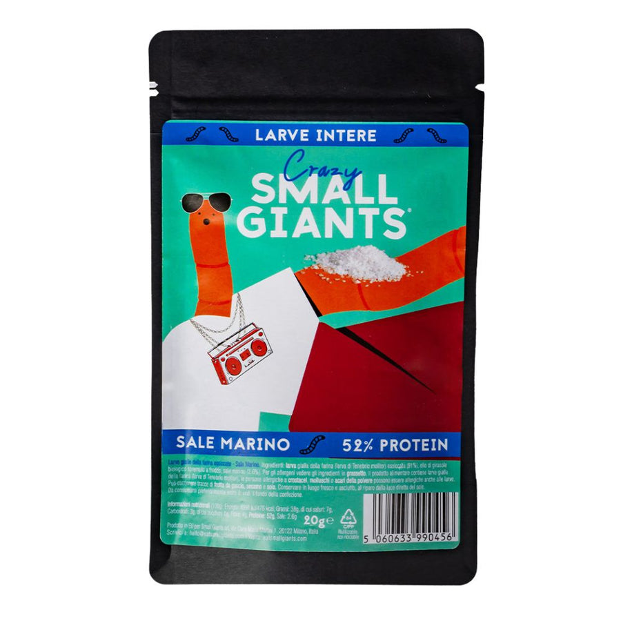Confezione da 30, larve gialle della farina essiccate aromatizzate al sale marino da 20g Small Giants.