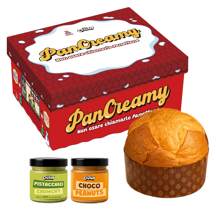 PanCreamy Vanilla, Panettone artigianale da 900g + Mr. Creamy Pistacchio Crunchy e Choco Peanuts da 200 g
