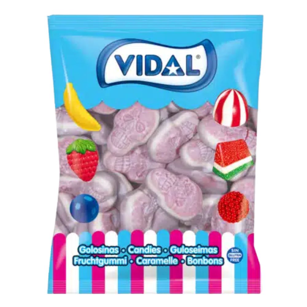 Confezione da 1kg, caramelle gommose ripiene a forma di teschio.