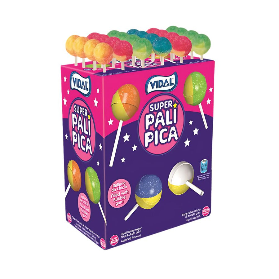Confezione da 100, lecca lecca con all'interno una gomma da masticare gusti assortiti da 20g Vidal.