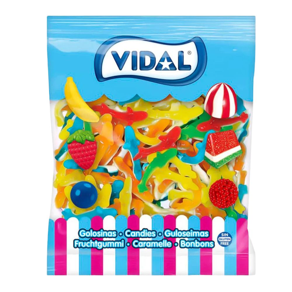 Confezione da 1kg, caramelle a forma di squali al gusto di frutti misti Vidal.