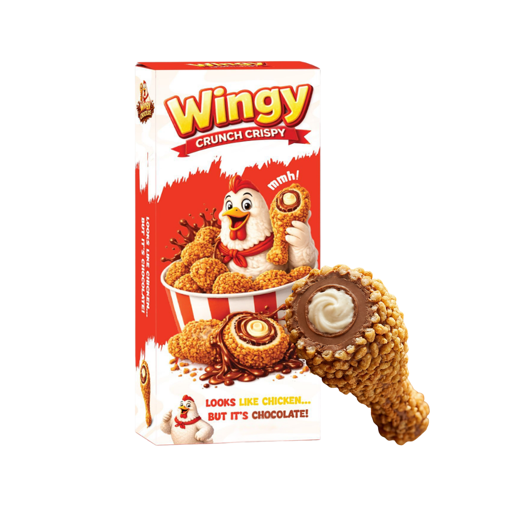 Wingy Crunch Crispy Chicken Chocolate, cioccolato con ripieno cremoso ricoperto da pezzetti di biscotto caramellato da 50g (Confezione da 12)