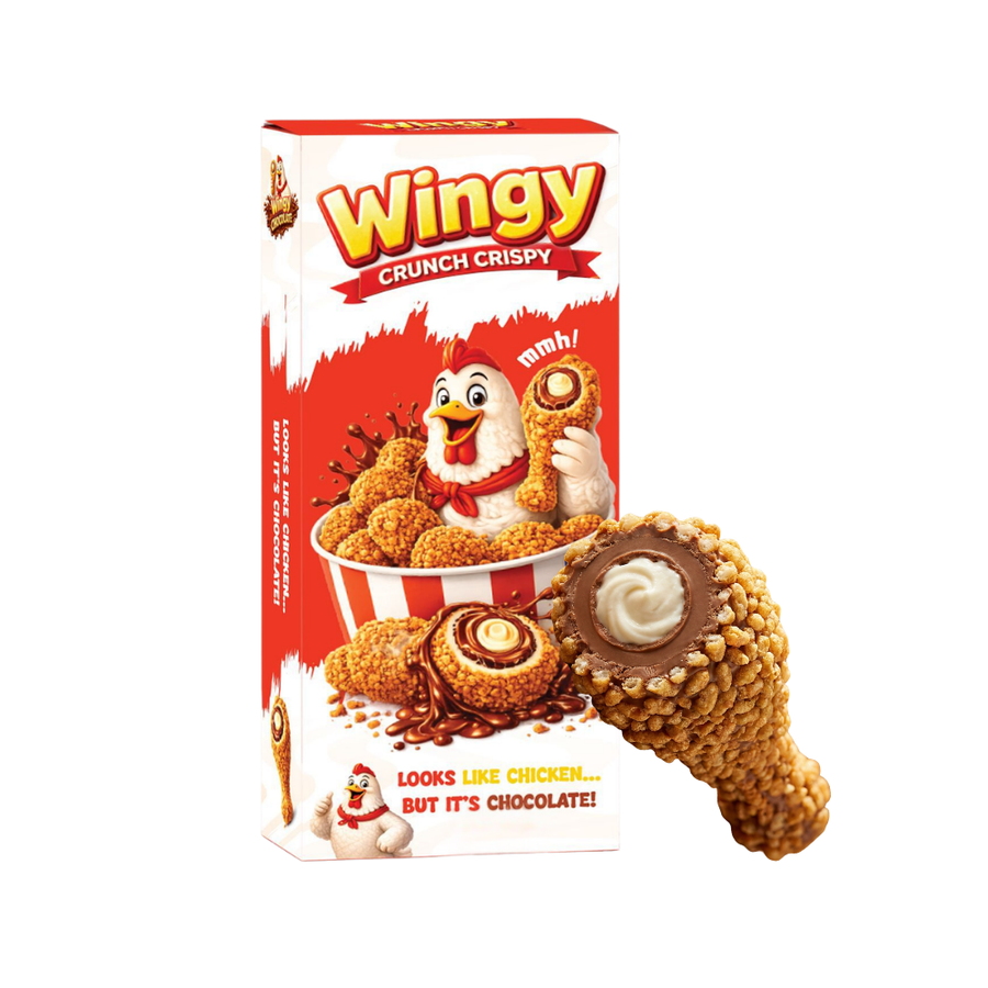 Wingy Crunch Crispy Chicken Chocolate, cioccolato con ripieno cremoso ricoperto da pezzetti di biscotto caramellato da 50g (Confezione da 12)
