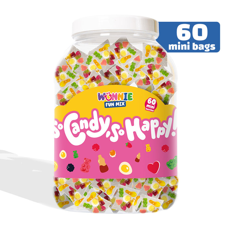 Wunnie "Fun Mix", Dose mit Einzelportionen von Gummibonbons in verschiedenen Geschmacksrichtungen, 60 Stück 