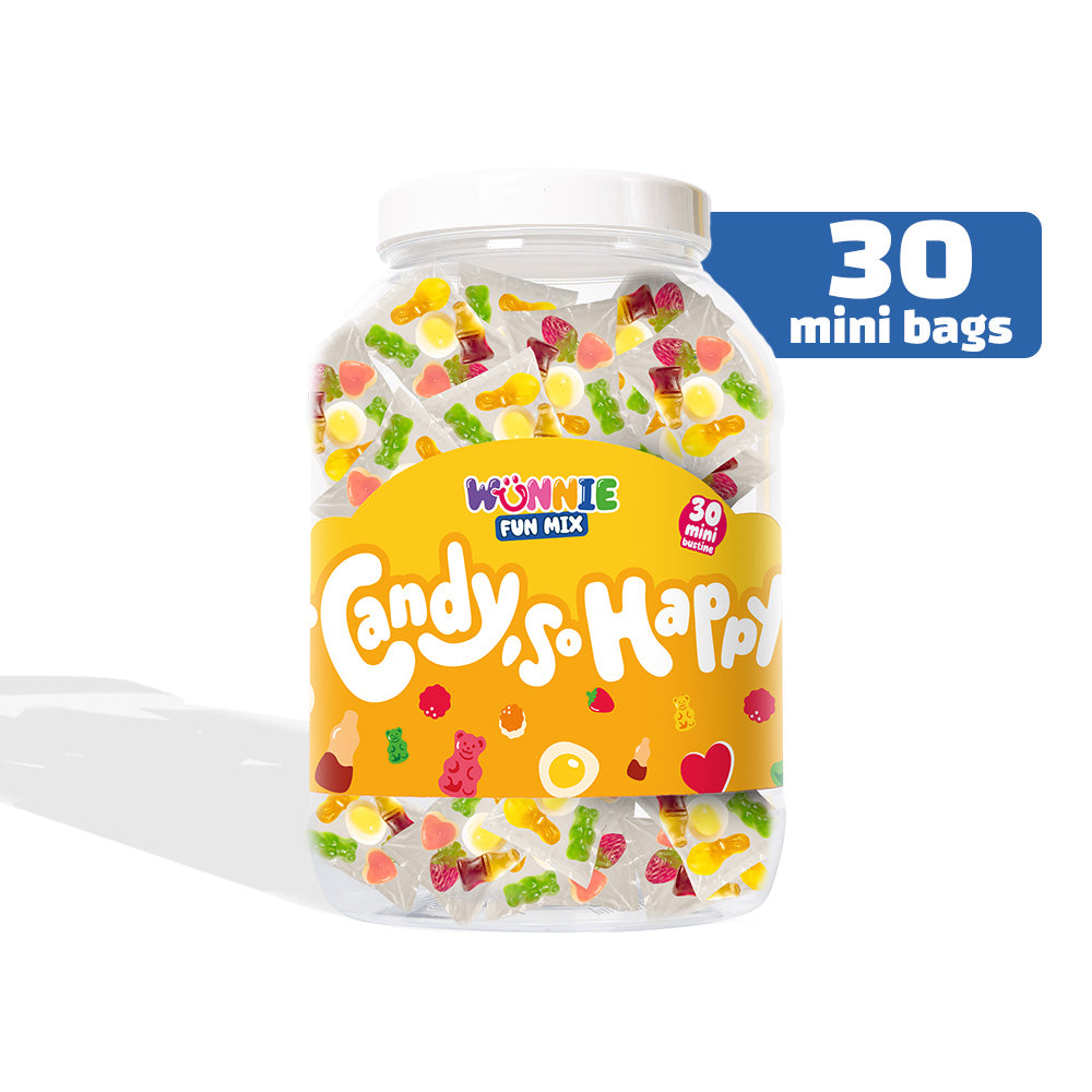 Wunnie Fun Mix, jar with single-serving sachets of gummy candies in assorted flavors, 30 pieces 