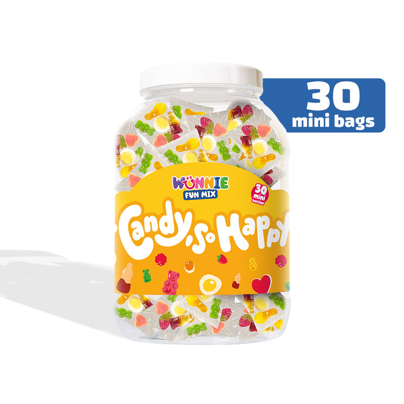 Wunnie Fun Mix, pot met zakjes met enkele portie gummy snoepjes in verschillende smaken van 30 stuks 