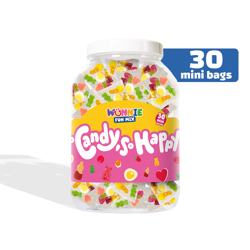 Wunnie Fun Mix, pot met zakjes met enkele portie gummy snoepjes in verschillende smaken van 30 stuks 