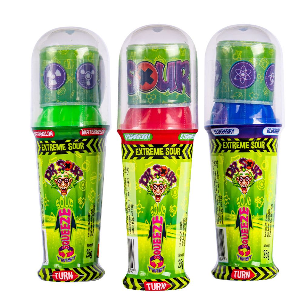Confezione da 1 gelatina aspra alla frutta gusto a sopresa Dr. Sour Twist and Squeeze