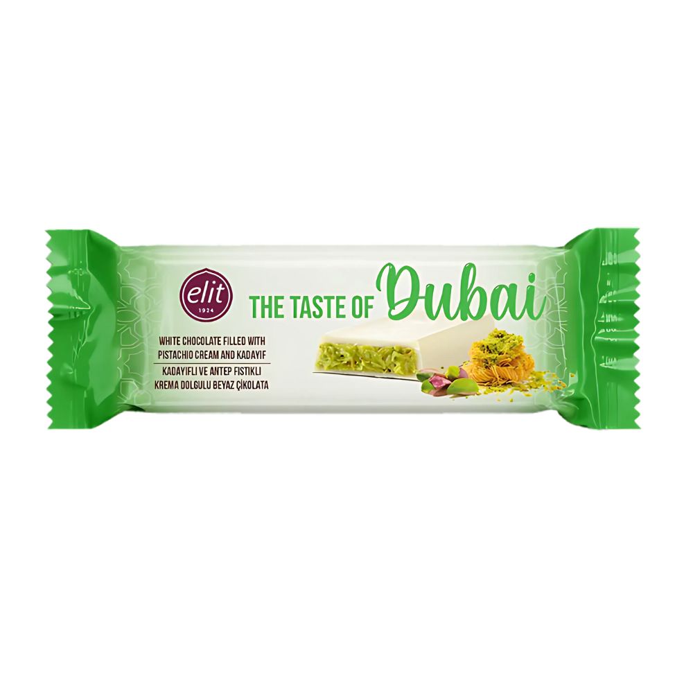 Elit White Dubai Chocolate, white chocolate bar with pistachio cream and Kadayif 30g (Pack of 24) 