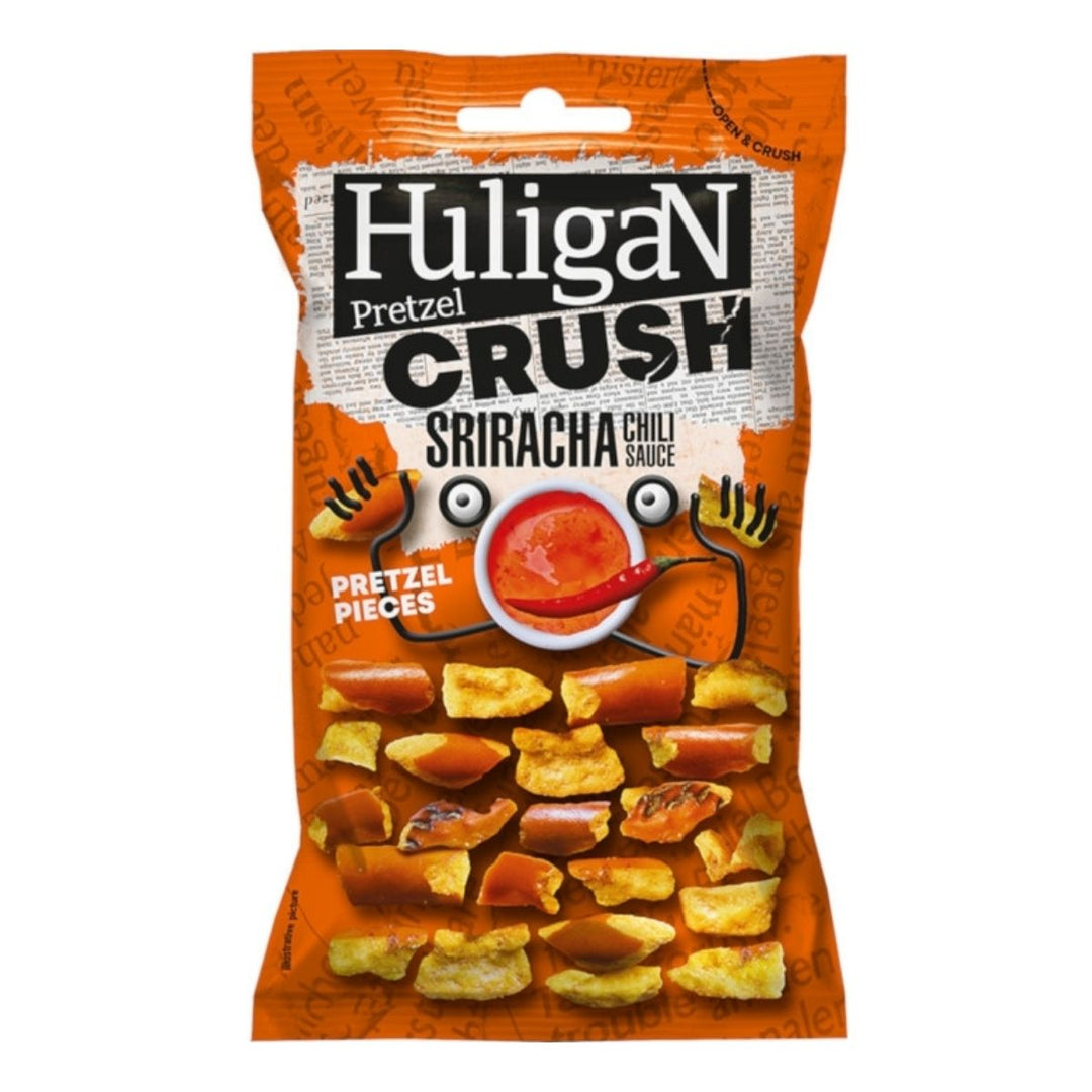 Huligan Pretzel Crush Chili Sriracha Sauce, pretzel piccanti alla salsa sriracha da 65g (Confezione da 18)