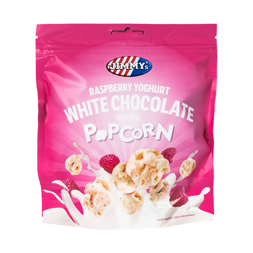 Confezione da 120g, popcorn rivestiti di cioccolato al latte e yogurt al lampone Jimmy's.