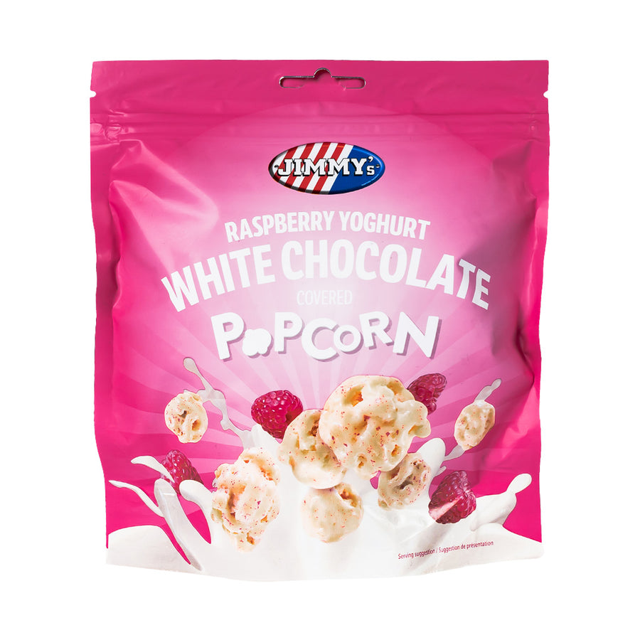 Confezione da 120g, popcorn rivestiti di cioccolato al latte e yogurt al lampone Jimmy's.