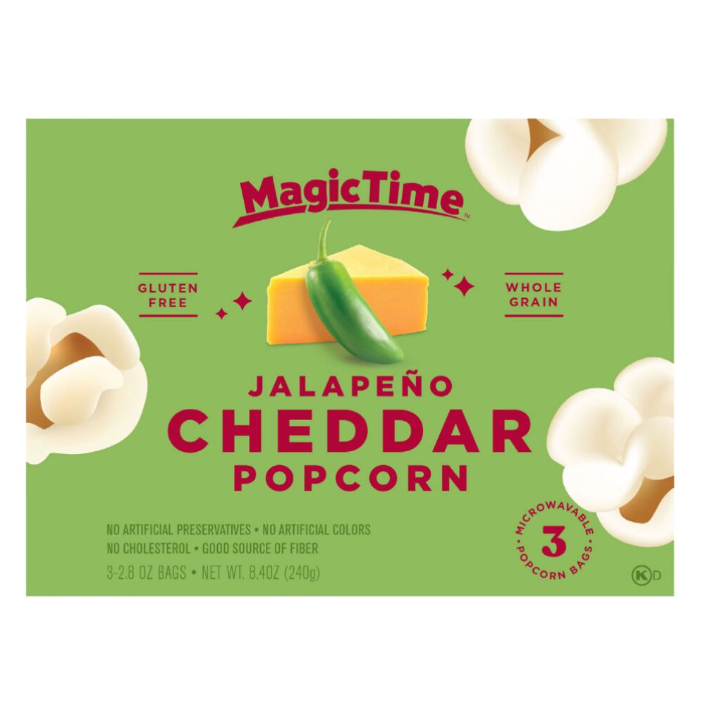 Confezione da 12, popcorn al gusto di cheddar e jalapeno da 240g Magic Time. 