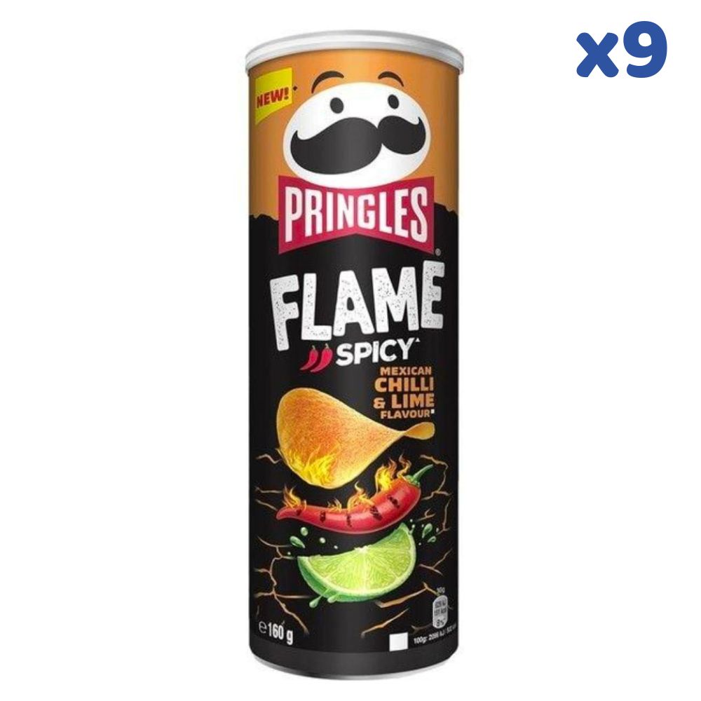 Pringles Flame Mexican Chilli & Lime, patatas picantes con sabor a lima de 160g (paquete de 9) 