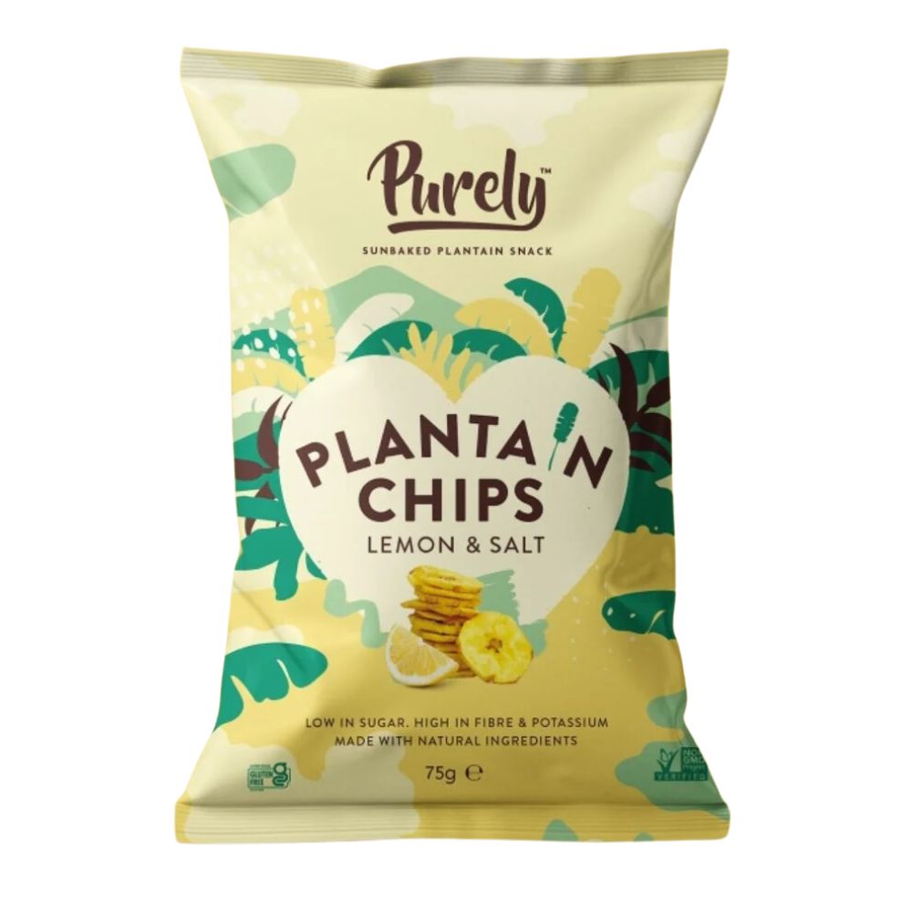 Purely Plantain Chips Limón y Sal, chips de plátano al limón y sal de 75g (paquete de 10) 
