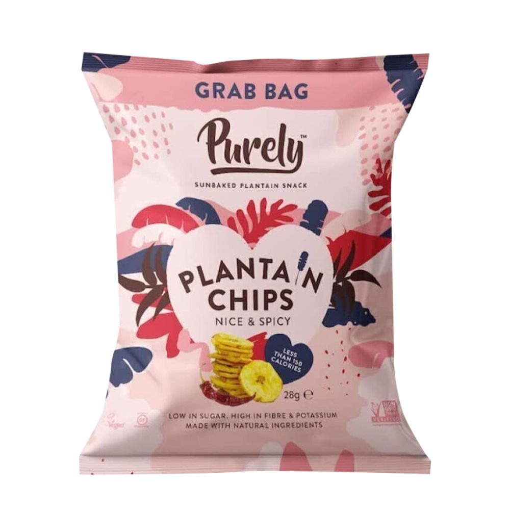 Purely Plantain Chips Nice & Spicy, spicy and seasoned plantain chips 28g (pack of 20) 