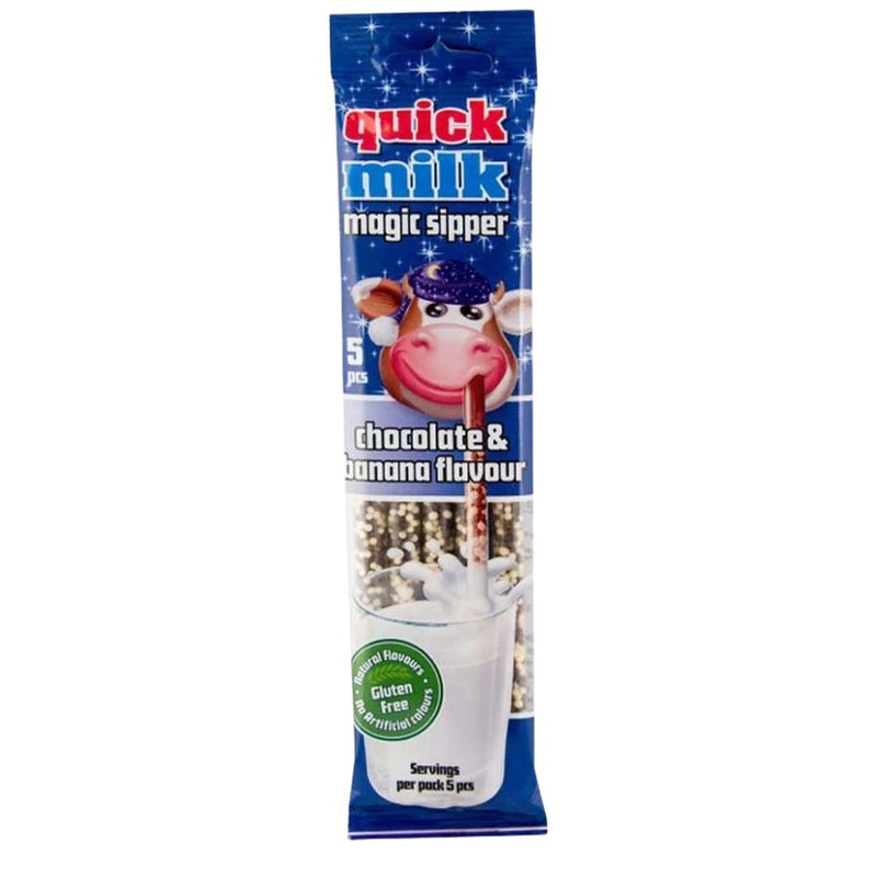 Confezione da 20, cannucce con perline di zucchero al gusto di banana e cioccolato da 30g Quick Milk.