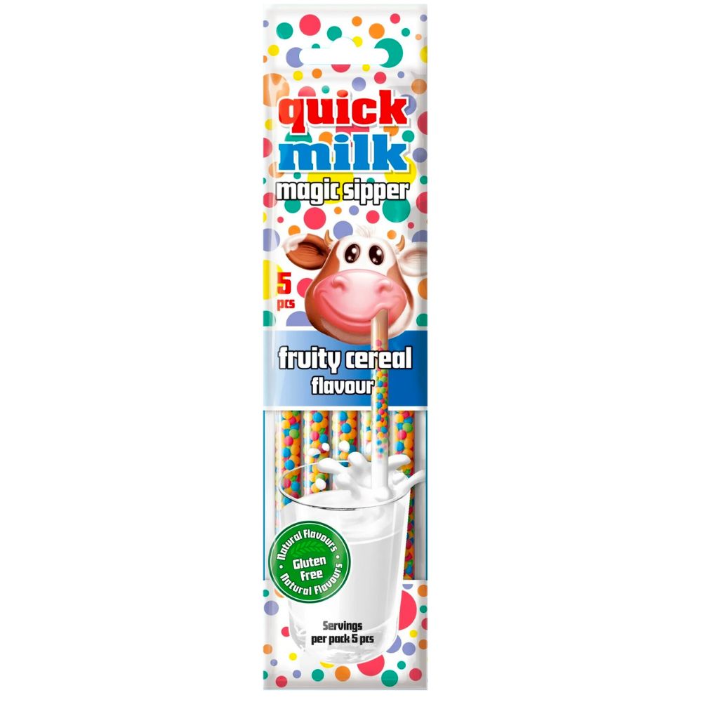 Quick Milk Magic Sipper Fruity Cereal Flavor, 5 cannucce con caramelle al gusto di cereali alla frutta da 30g (confezione da 20)