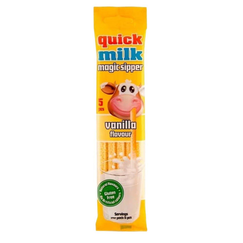 Confezione da 20, cannucce con perline di zucchero al gusto di vaniglia da 30g Quick Milk.