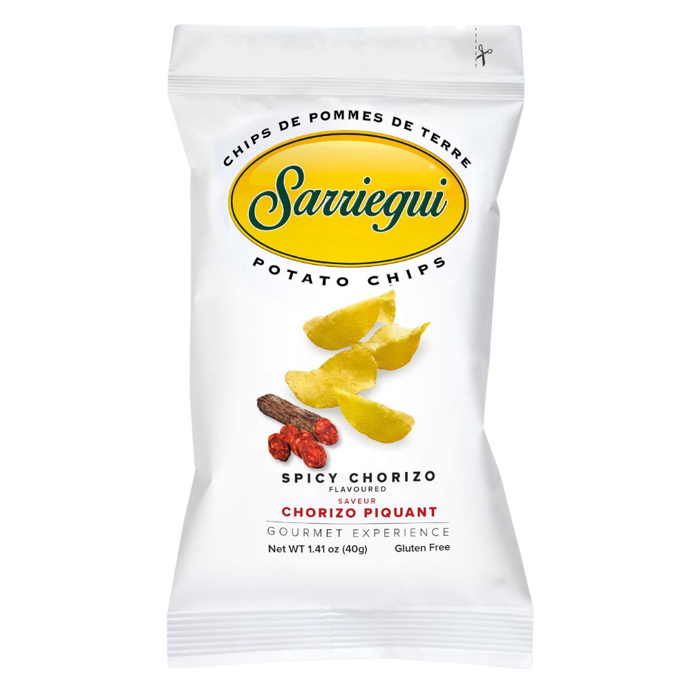 Sarriegui Potato Chips Chorizo, patatas fritas con sabor a chorizo picante de 40g (paquete de 20) 